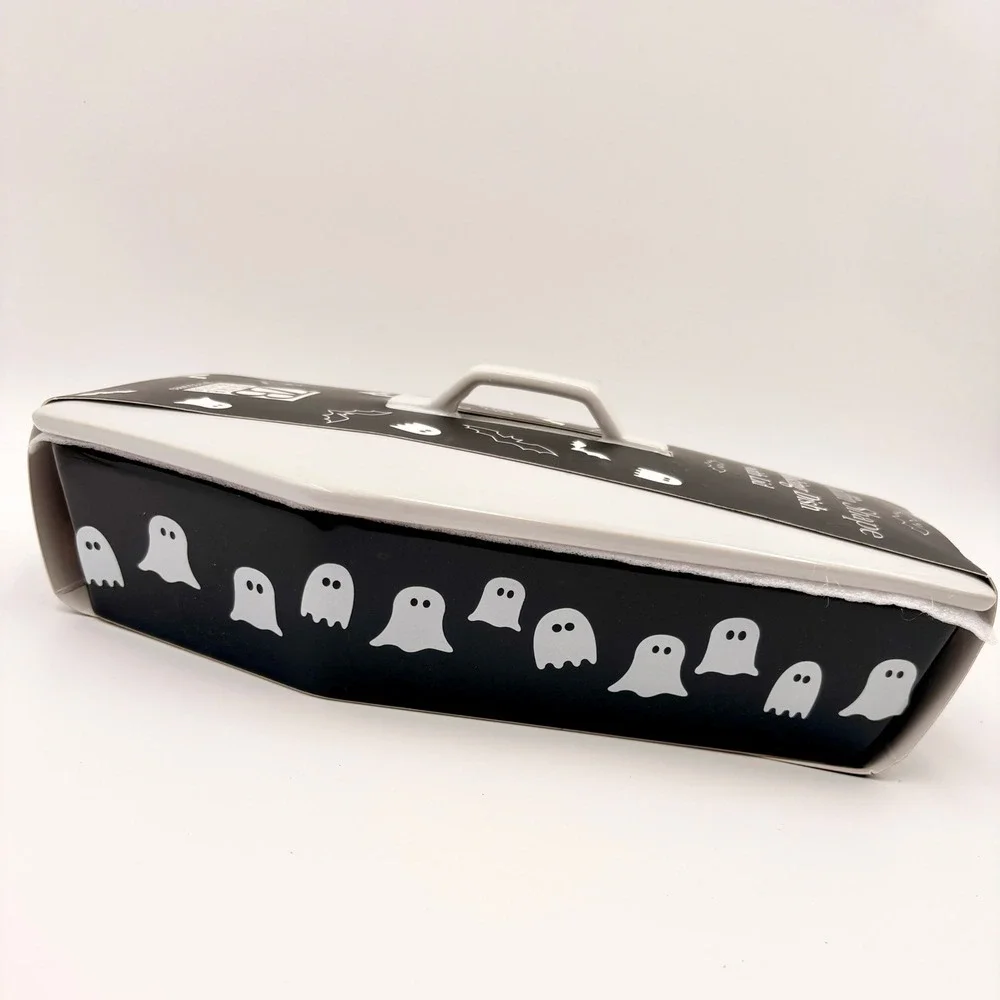 Zrike Brands Coffin Shape Baking Dish w Lid Black‎ Pink Ghost Halloween Ceramic